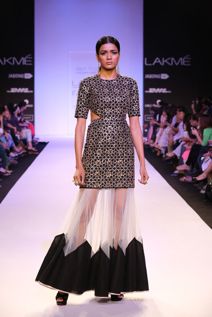 Indra Black Linen Top with Pale Blue Tulle Skirt with Black Border