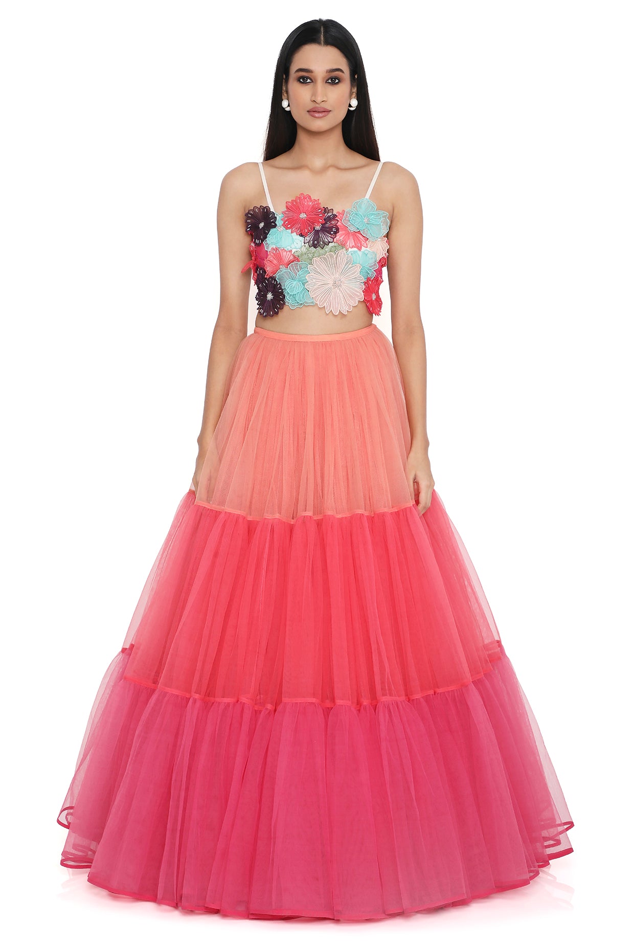 Isabella Off White 3D Flower Embroidered Choli With Multi Colour Layered Lehenga