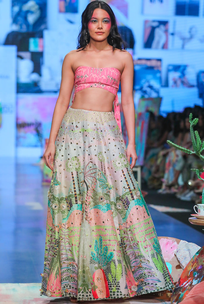 Ivana Pink Kite Print Georgette Embroidered Bustier And Tropical Print Dupion Silk Lehenga With Pink Mukaish Net Dupatta