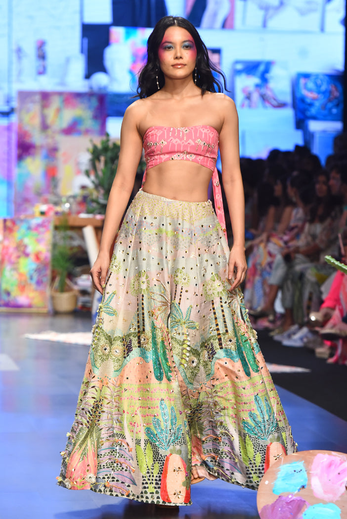 Ivana Pink Kite Print Georgette Embroidered Bustier And Tropical Print Dupion Silk Lehenga With Pink Mukaish Net Dupatta