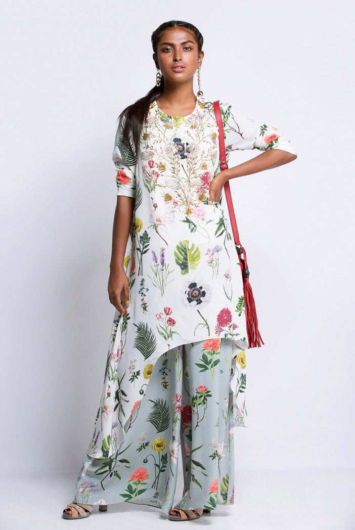 Ivory Printed Crepe High-Low Kurta with Aqua Printed Crepe Palazzo