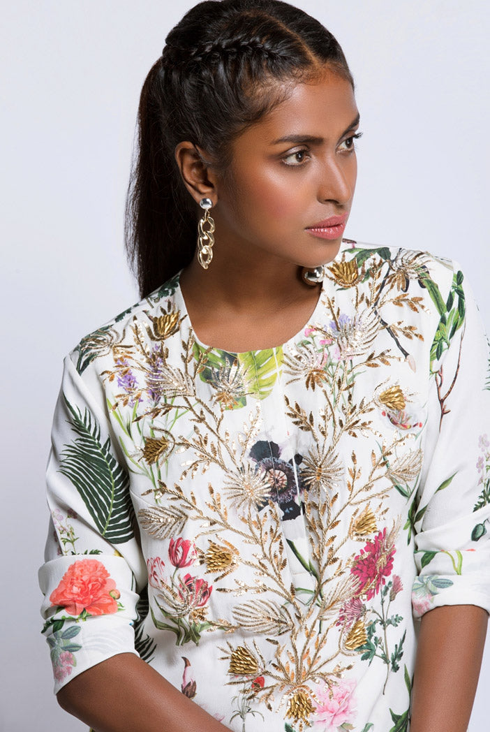 Ivory Printed Crepe High-Low Kurta with Aqua Printed Crepe Palazzo