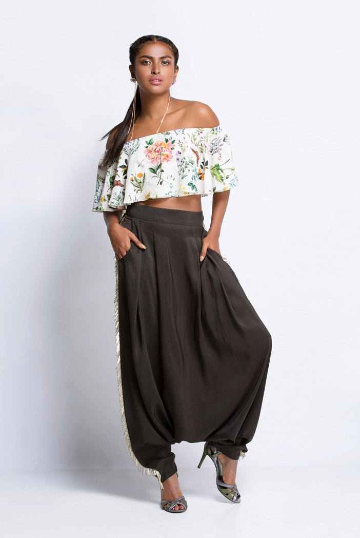Ivory Printed Crepe Off Shoulder Ruffle Top and Black Silk Low Crotch Pant