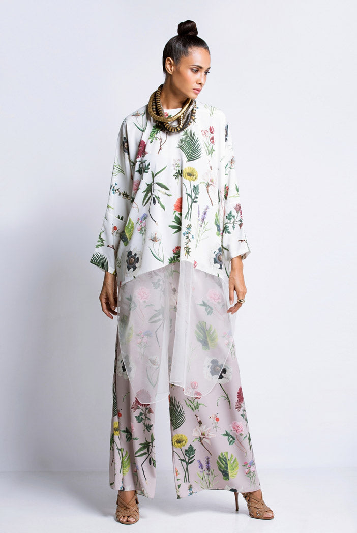 Ivory Printed Crepe with Ivory Organga Kaftan Kurta with Lilac Printed Semi Crepe Palazzo