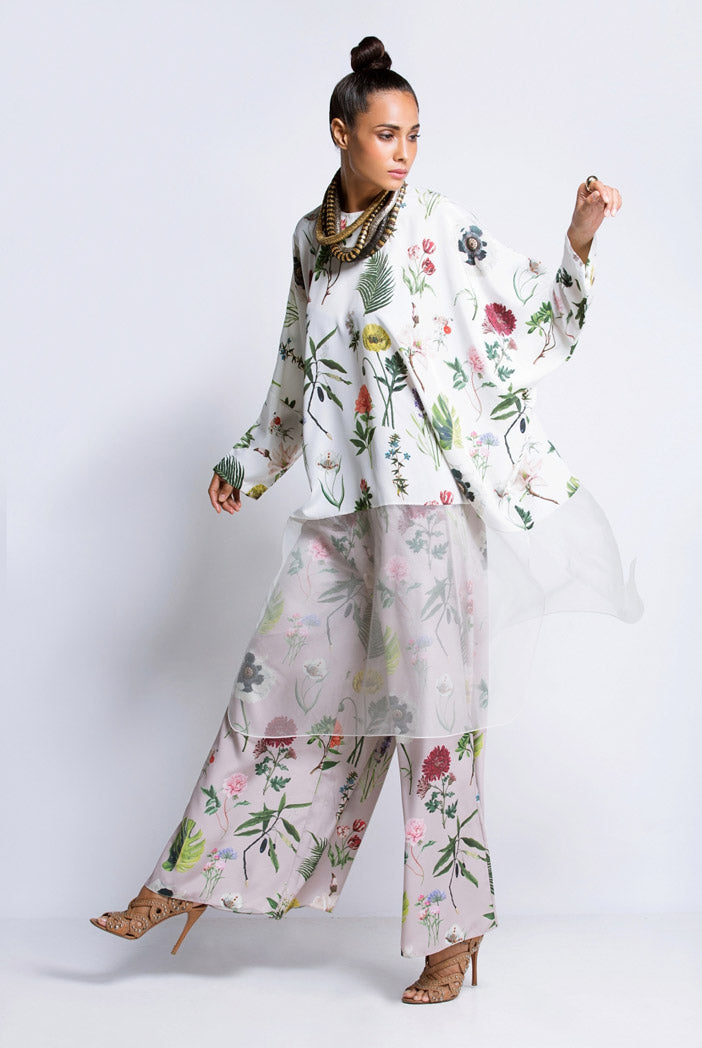 Ivory Printed Crepe with Ivory Organga Kaftan Kurta with Lilac Printed Semi Crepe Palazzo
