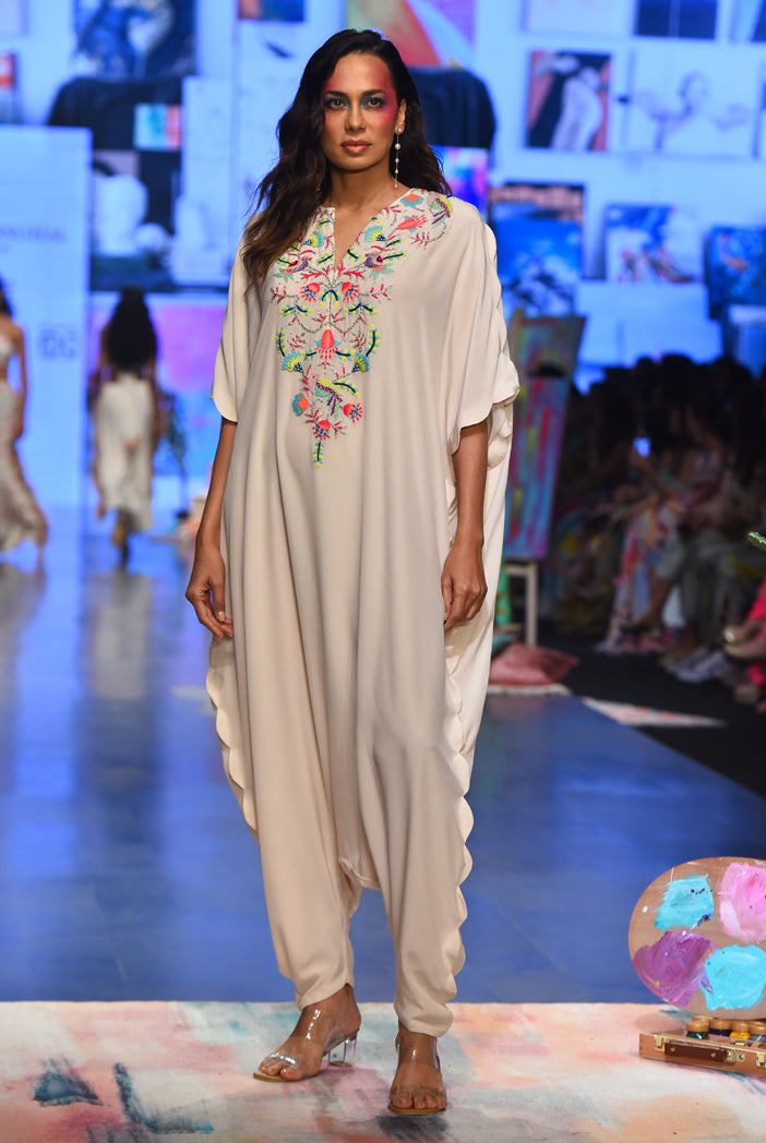Kara Stone Crepe Embroidered Yoke Scalloped Edge Jumpsuit