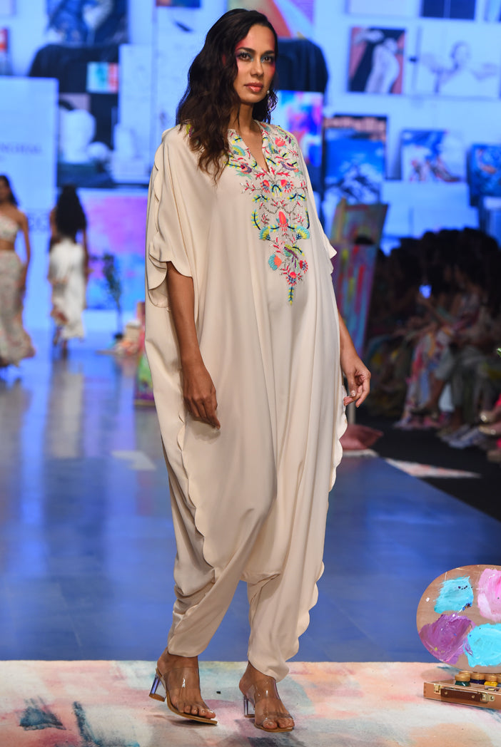 Kara Stone Crepe Embroidered Yoke Scalloped Edge Jumpsuit