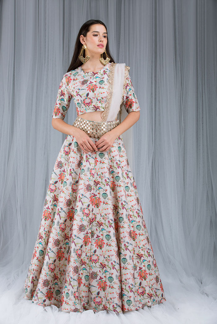 Khaki Chidiya Print Lehenga Set