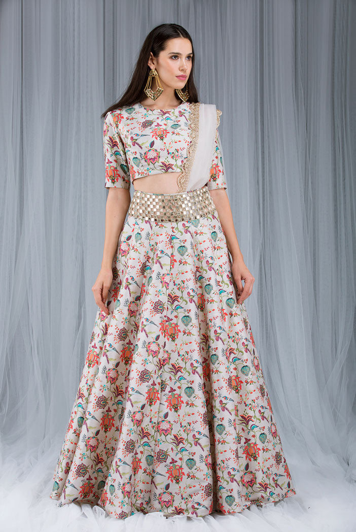 Khaki Chidiya Print Lehenga Set