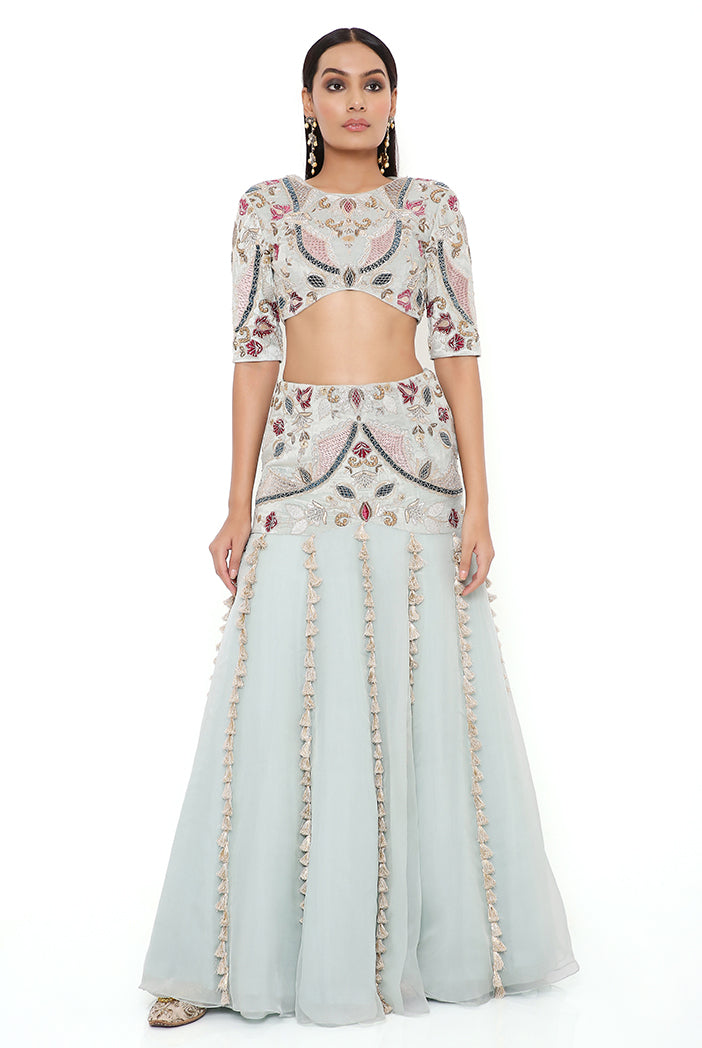 Kresha Powder Blue Velvet Embroidered Choli With Velvet Basque Organza Lehenga And Mukaish Net Dupatta