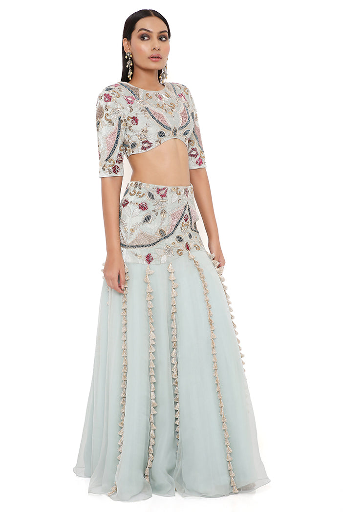 Kresha Powder Blue Velvet Embroidered Choli With Velvet Basque Organza Lehenga And Mukaish Net Dupatta