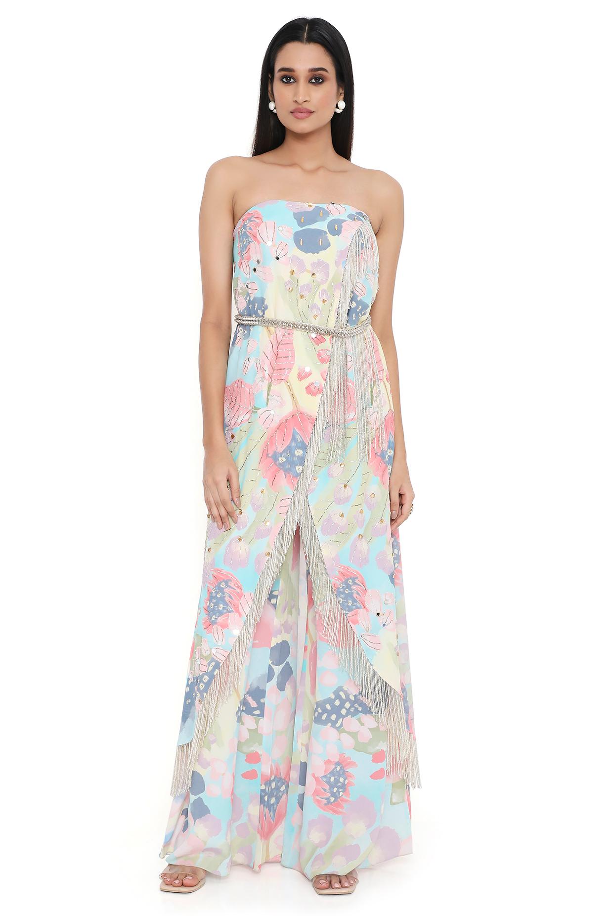 Lavender Embroidered Tube Kurta With Leather Embroidered Belt And Printed Palazzo