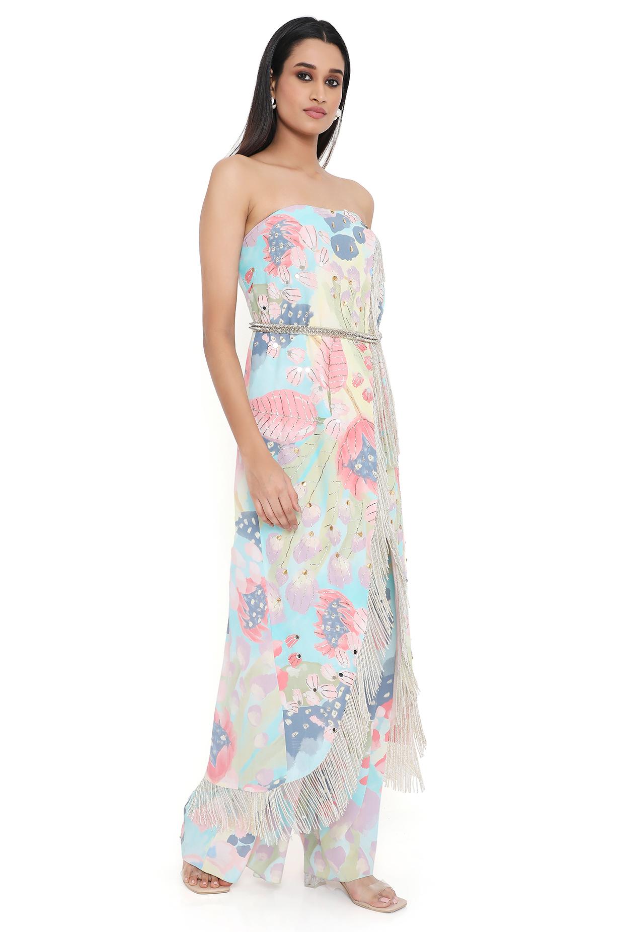 Lavender Embroidered Tube Kurta With Leather Embroidered Belt And Printed Palazzo