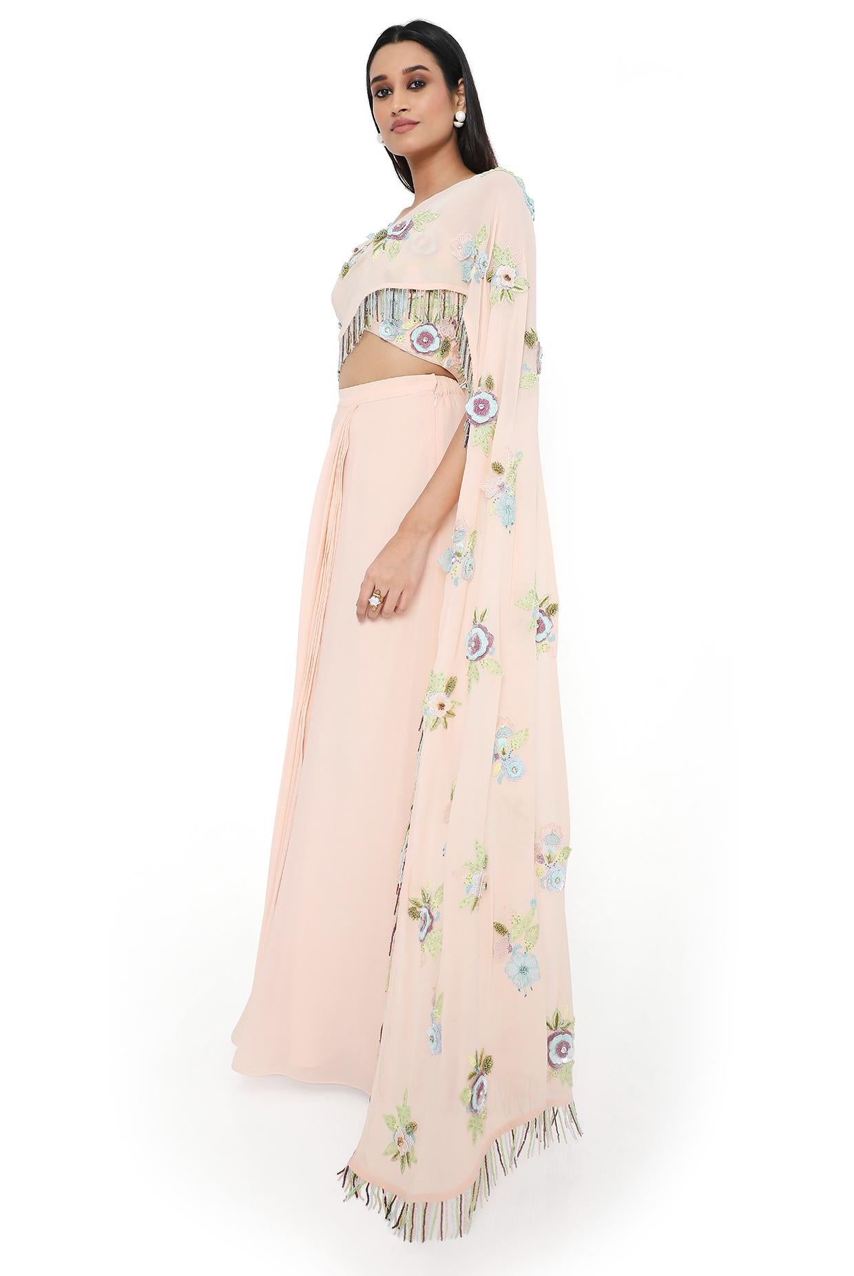 Leona Peach Embroidered Choli With Attached Embroidered Pallu And Pre-Stitched Skirt