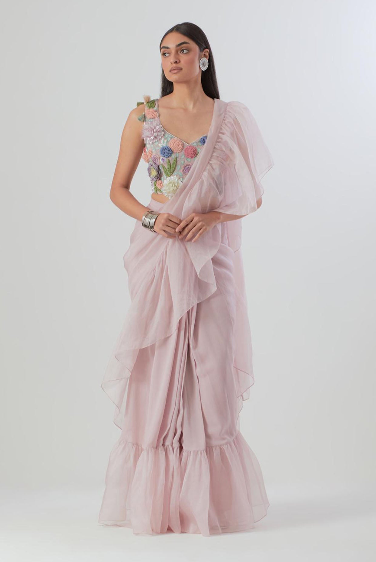 Lilac Embroidered Choli And Pre-Stitched Saree With Frill