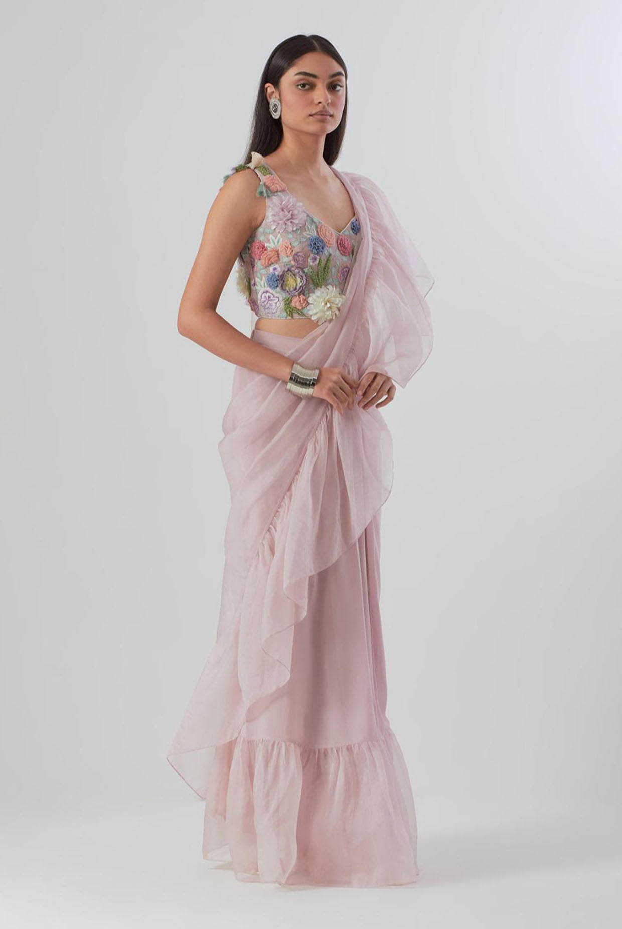 Lilac Embroidered Choli And Pre-Stitched Saree With Frill