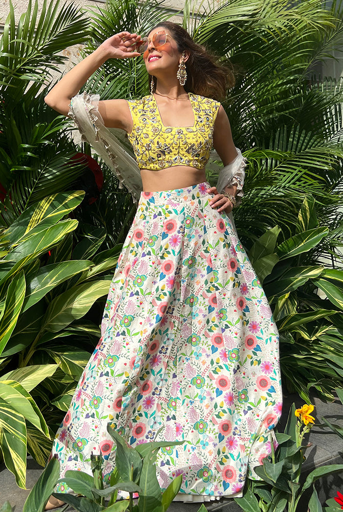 Lime Green Colour Embroidered Choli With Cream Printed Lehenga And Net Dupatta