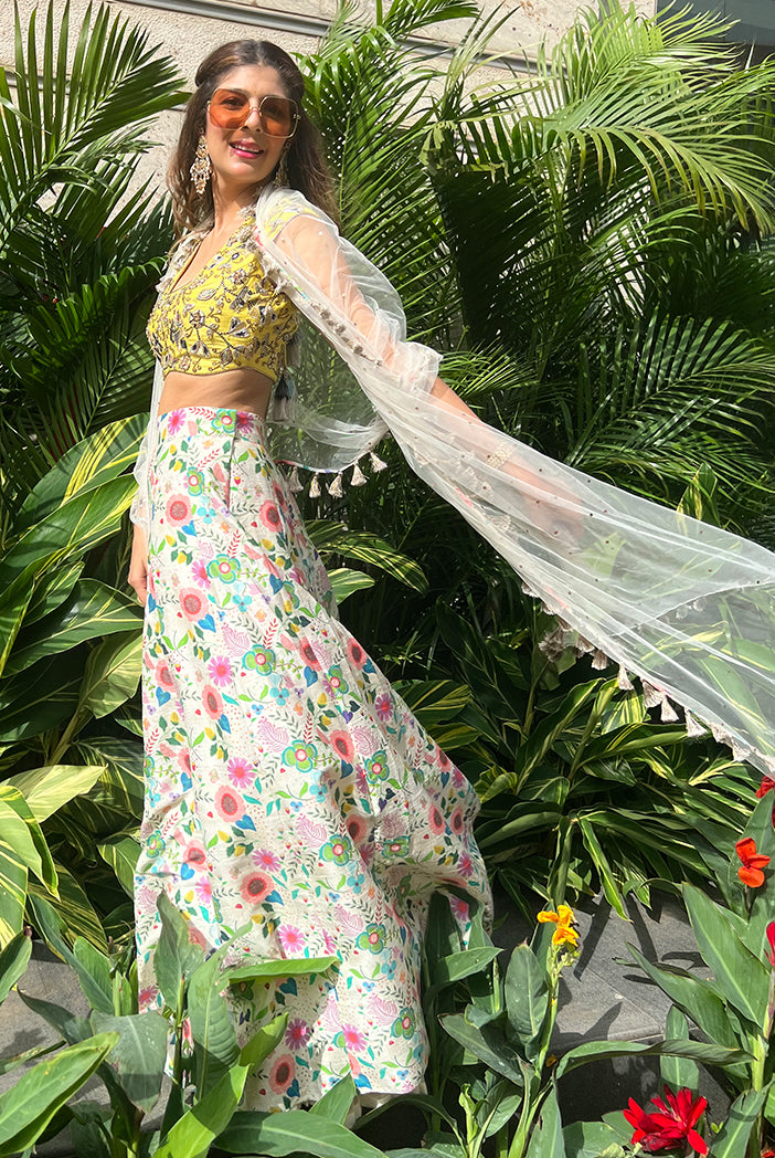 Lime Green Colour Embroidered Choli With Cream Printed Lehenga And Net Dupatta