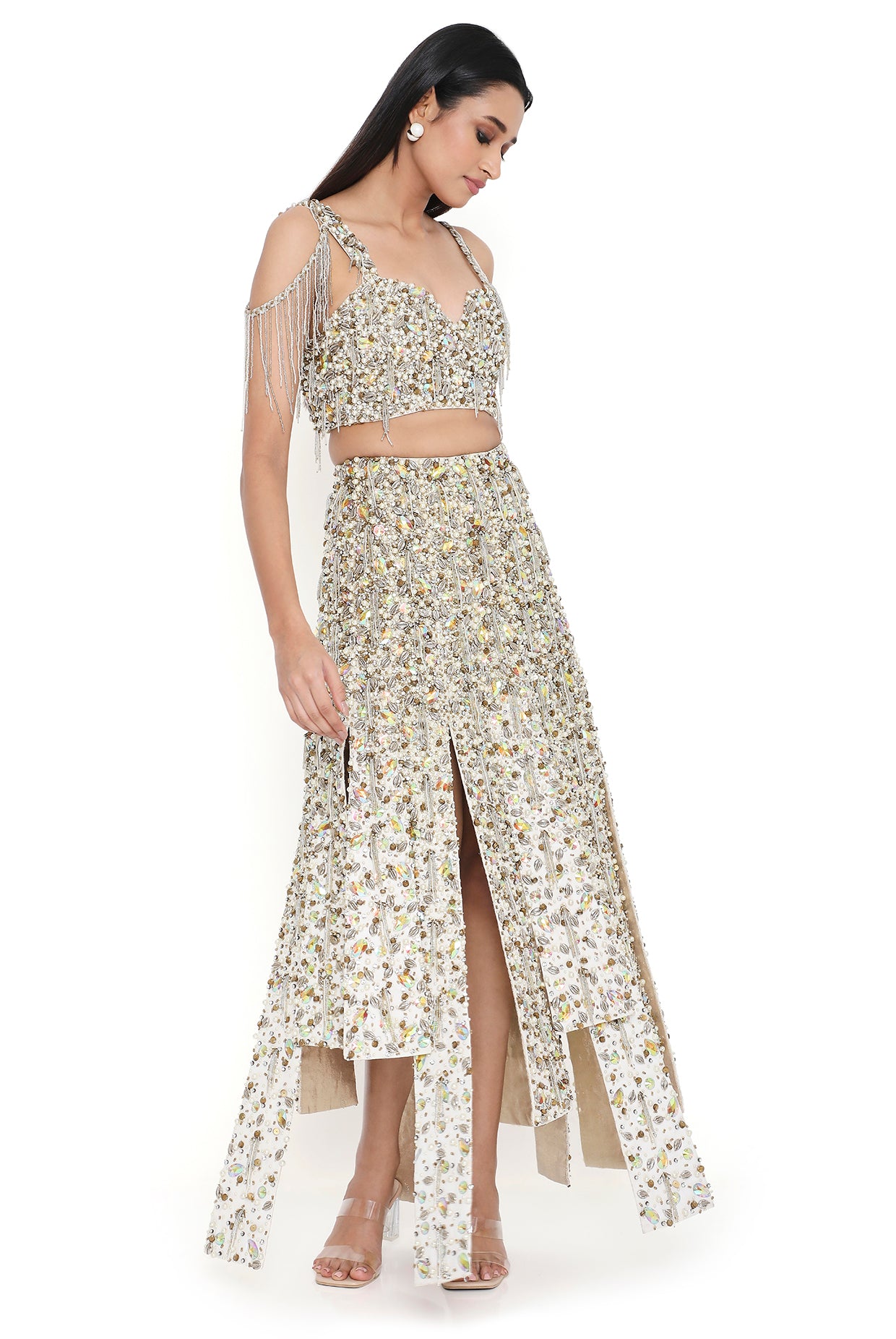 Lumina Off White Embroidered Choli With High Low Skirt