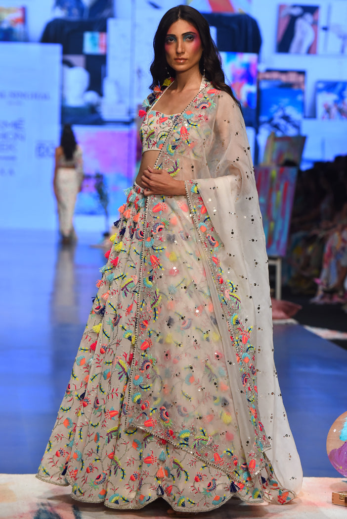 Alice Stone Georgette Embroidered Halter Neck Choli and Lehenga With Mukaish Organza Dupatta