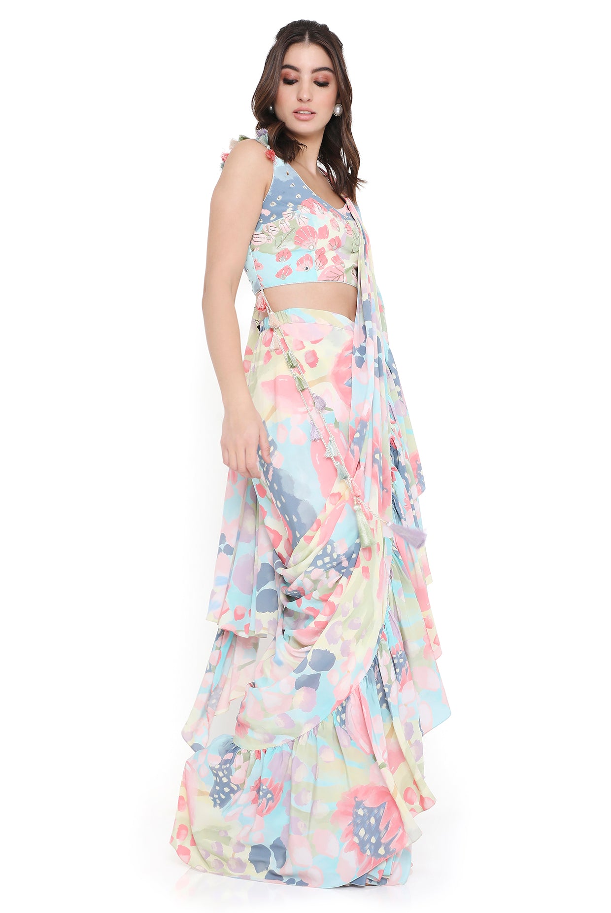 Marisa Euphoria Print Embroidered Choli With Ruffle Saree