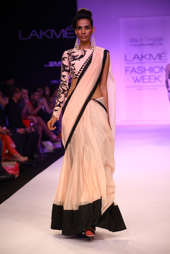 Mashal Blush and Black Ottoman Print Choli with Mul Lehenga Saree