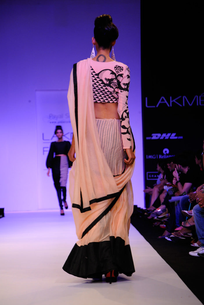 Mashal Blush and Black Ottoman Print Choli with Mul Lehenga Saree