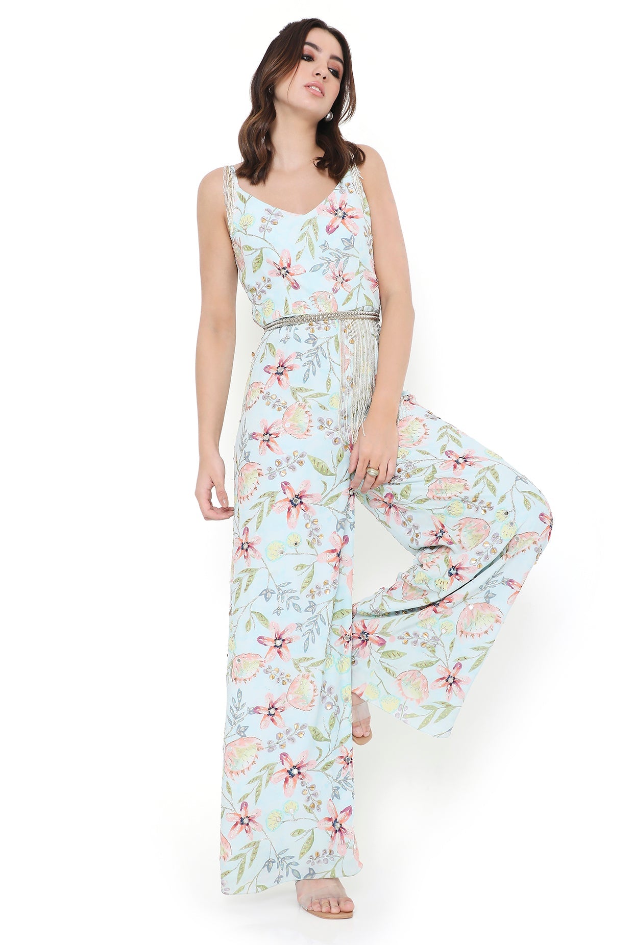 Milana Lavender Dream Print Embroidered Jumpsuit With Embroidered Leather Belt