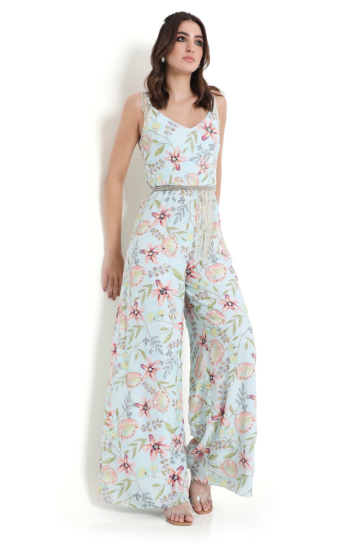 Milana Lavender Dream Print Embroidered Jumpsuit With Embroidered Leather Belt