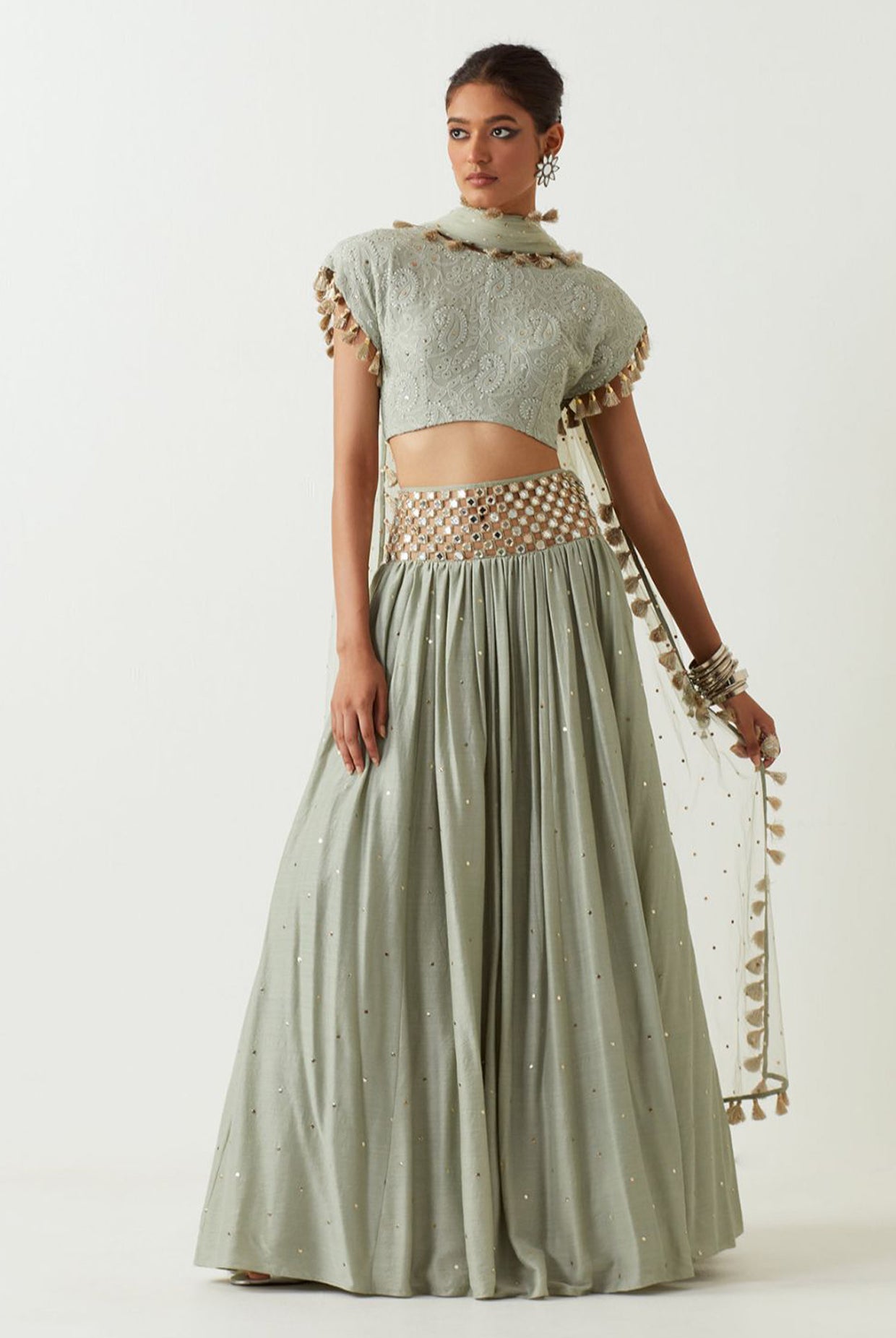 Mint Chikankari Choli With Embroidered Belt Lehenga And Dupatta.