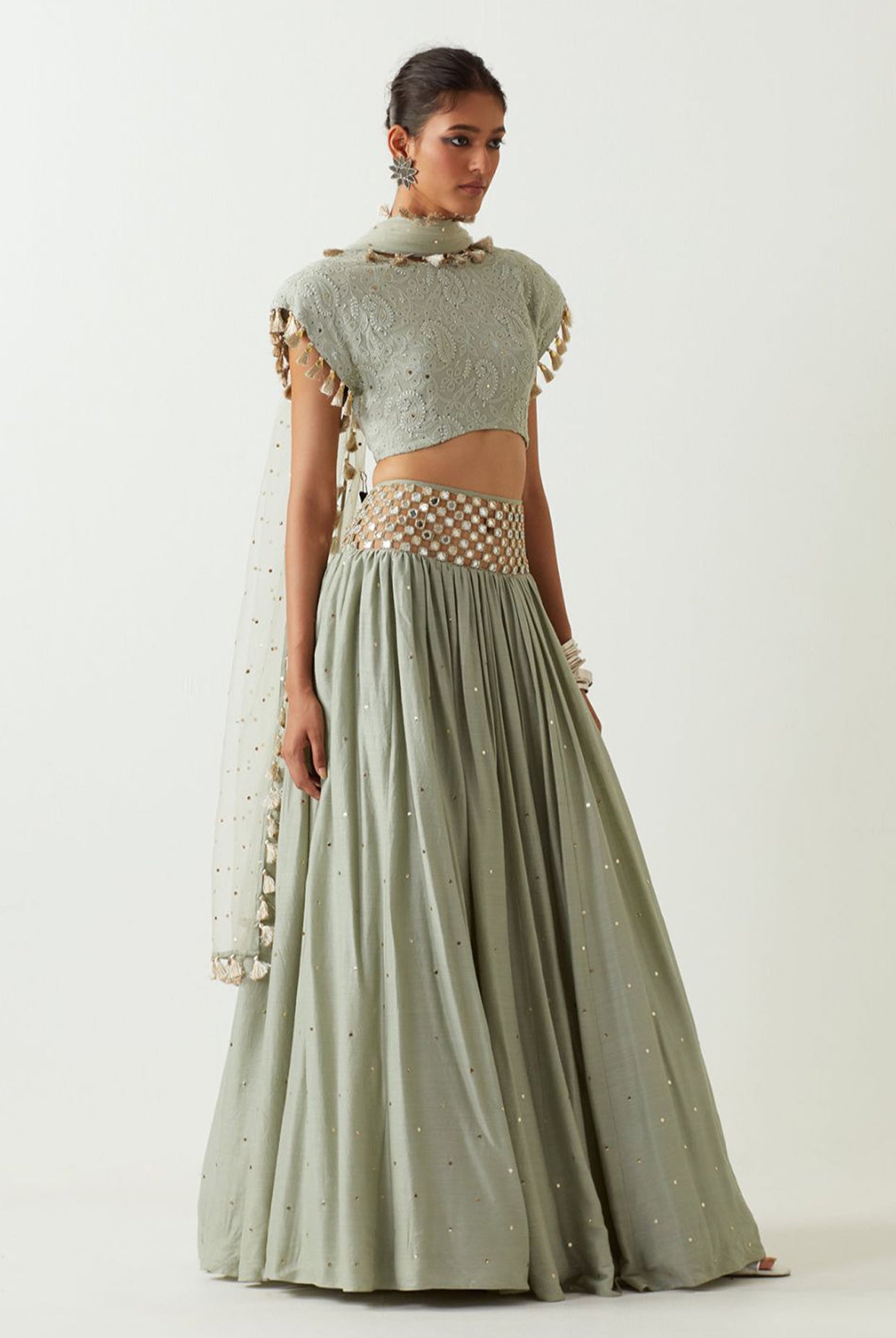 Mint Chikankari Choli With Embroidered Belt Lehenga And Dupatta.