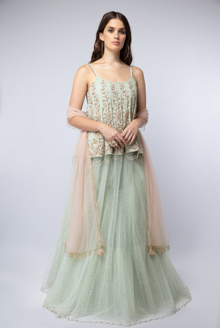 Mint Crepe Short Anarkali with Mukaish Net Lehenga and Blush Net Dupatta