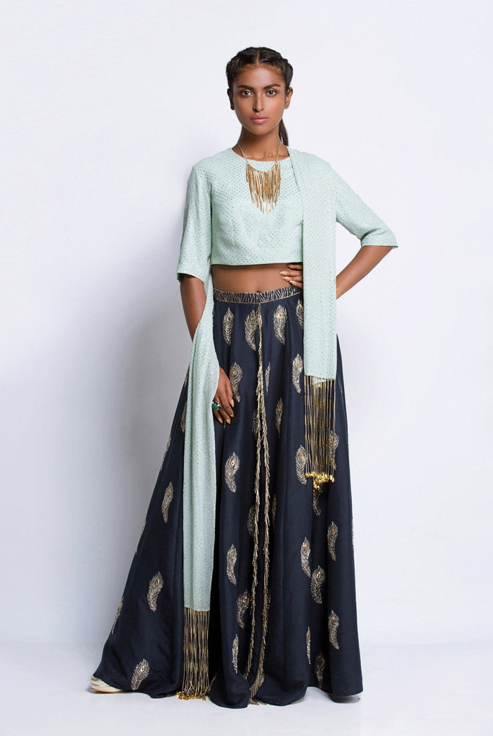 Mint Mukaish Georgette Choli and Dupatta with Navy Silk Palazzo Lehenga
