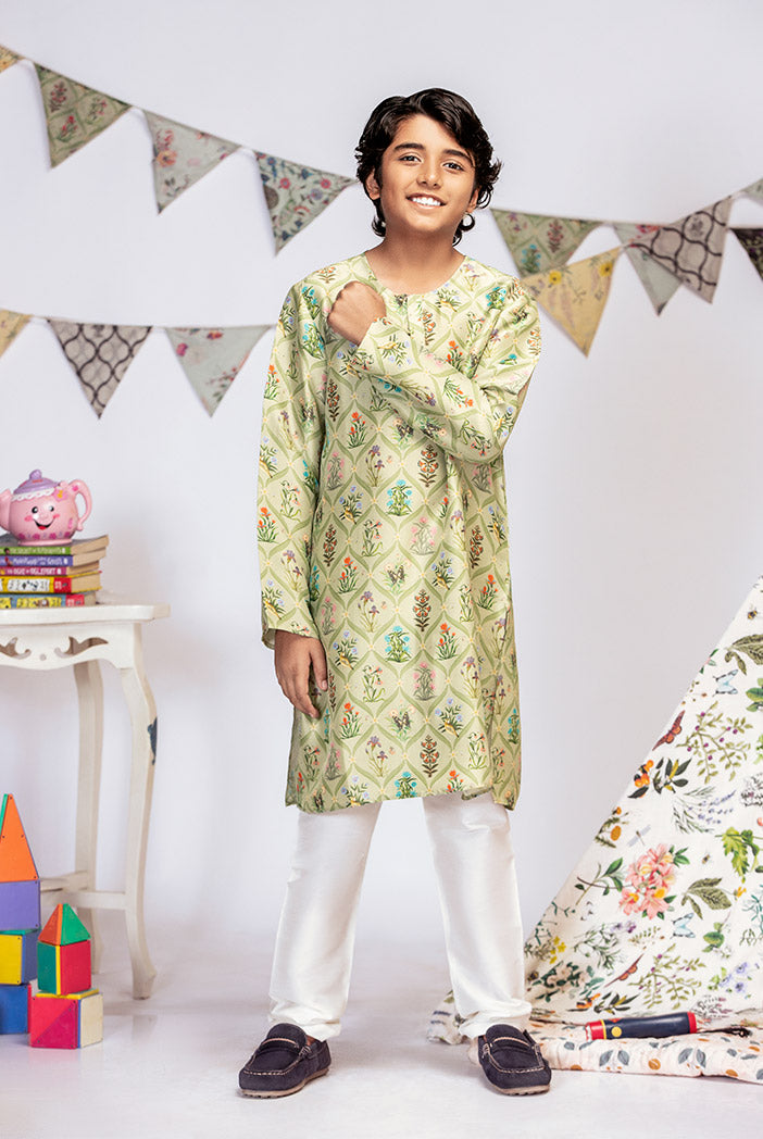 Mint Printed Silk Kurta with Off white Cotton Silk Churidar