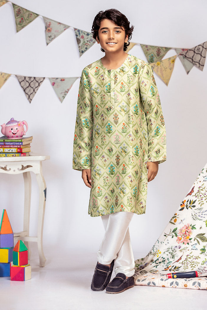 Mint Printed Silk Kurta with Off white Cotton Silk Churidar