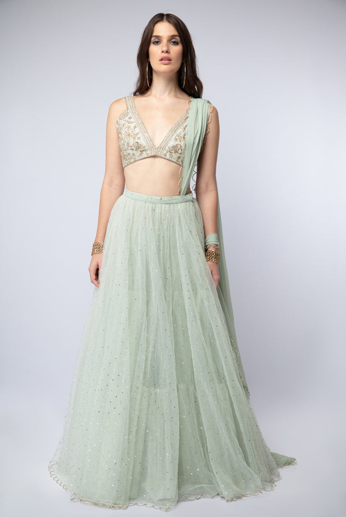 Mint Silk Choli with Mukaish Net Lehenga and Chiffon Dupatta