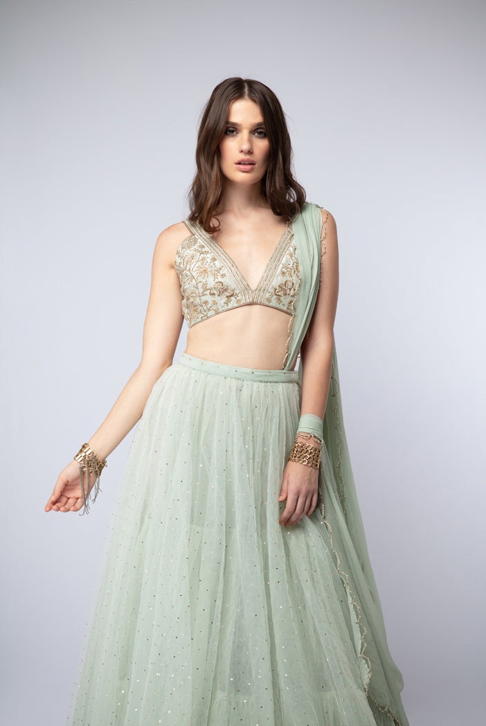 Mint Silk Choli with Mukaish Net Lehenga and Chiffon Dupatta