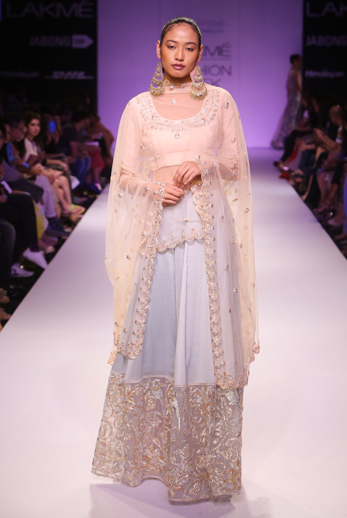 Mira Blush Silkmul Choli with Ice Blue Skirt and Blush Tulle Dupatta