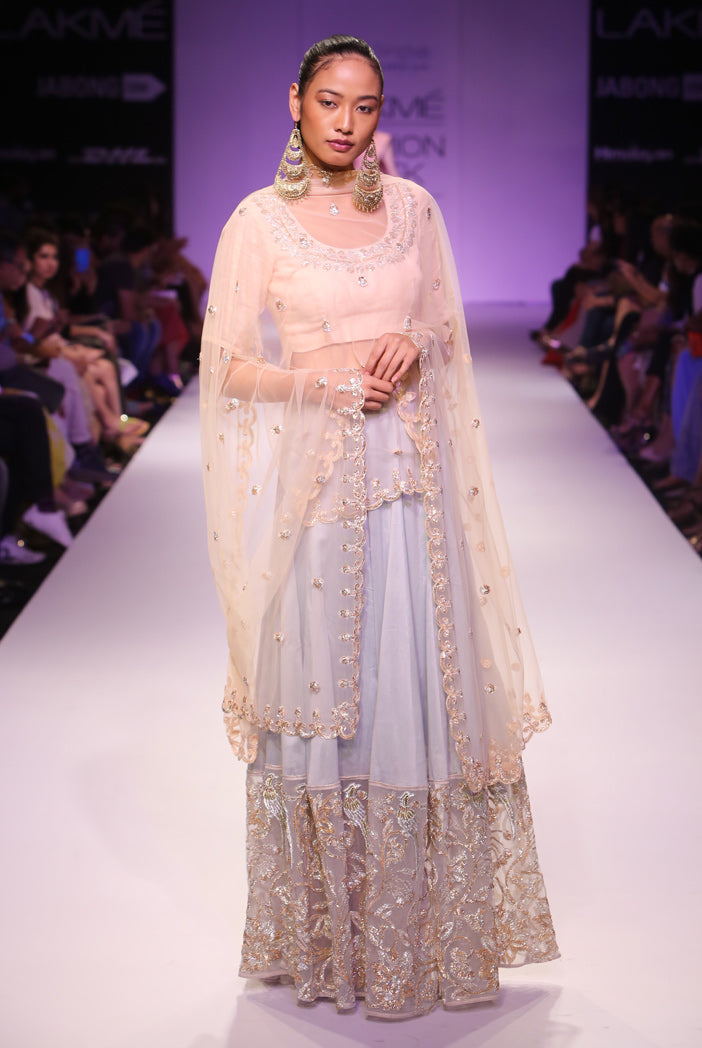 Mira Blush Silkmul Choli with Ice Blue Skirt and Blush Tulle Dupatta
