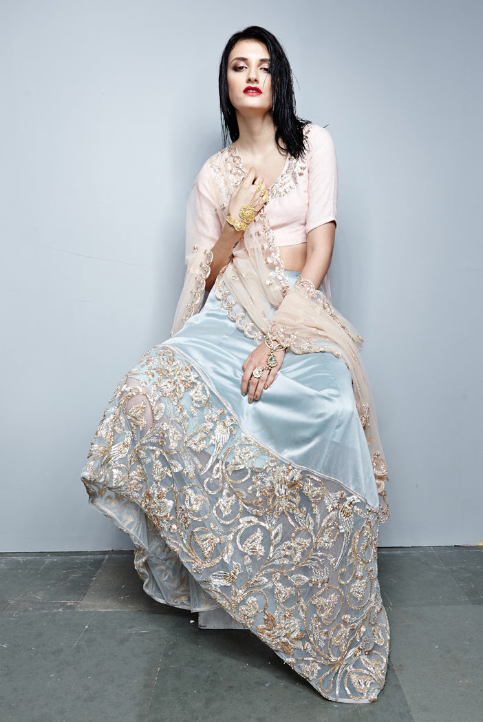 Mira Blush Silkmul Choli with Ice Blue Skirt and Blush Tulle Dupatta