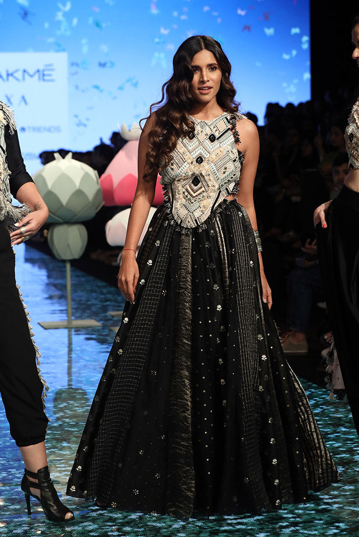 Misbah Stone Georgette Choli with Black Brocade Chanderi Lehenga