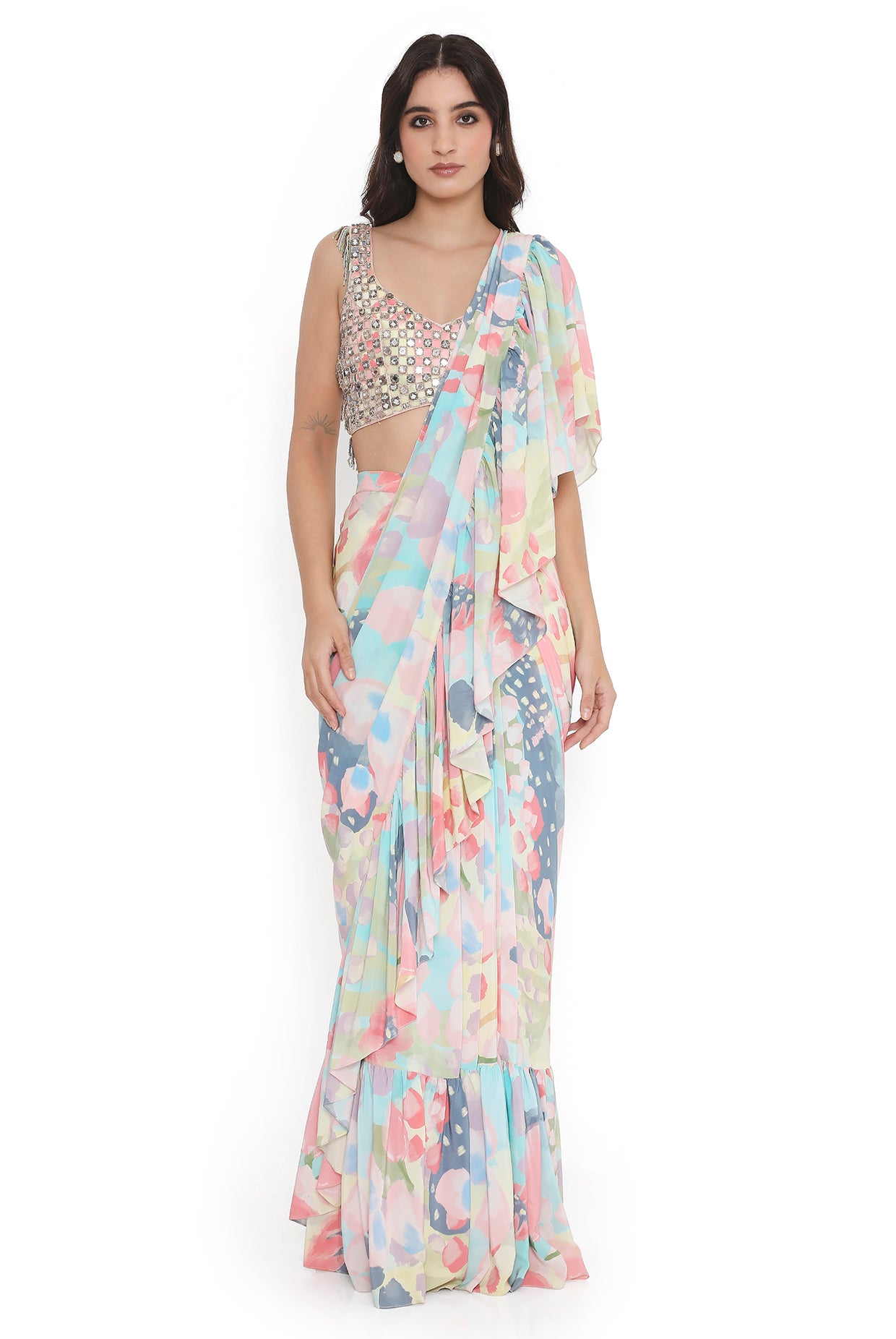 Rose Pink Embroidered Back Tie-Up Choli With Sharara