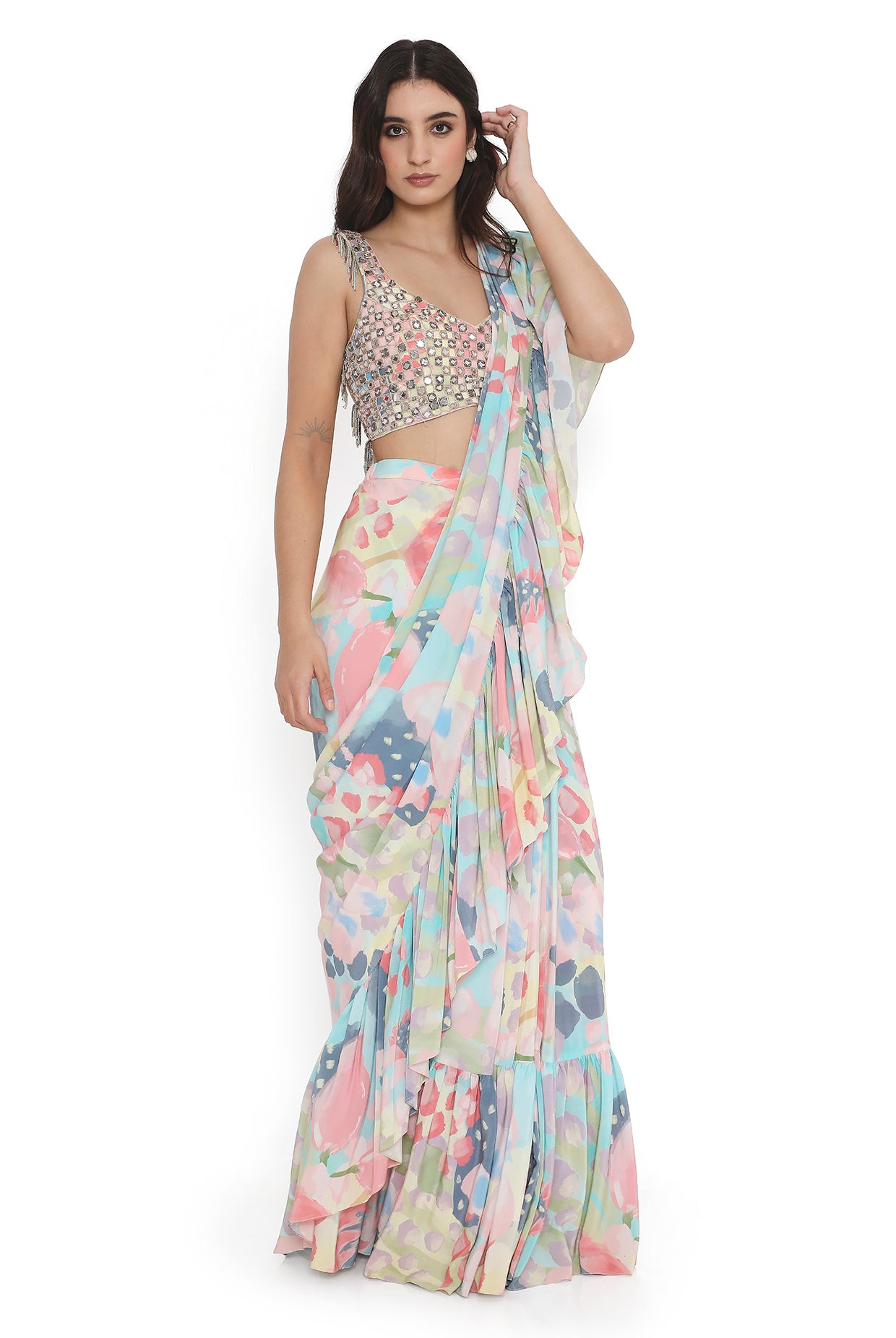 Rose Pink Embroidered Back Tie-Up Choli With Sharara