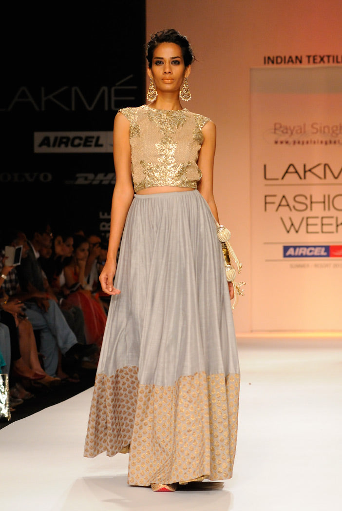 Mumtaz Dusk Grey Tulle Choli with Silkmul Lehenga