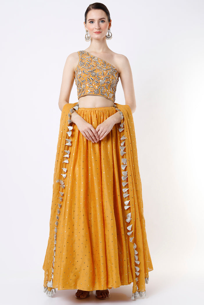 Mustard Embroidered One Shoulder Choli With Mukaish Silkmul Lehenga And Mukaish Georgette Dupatta
