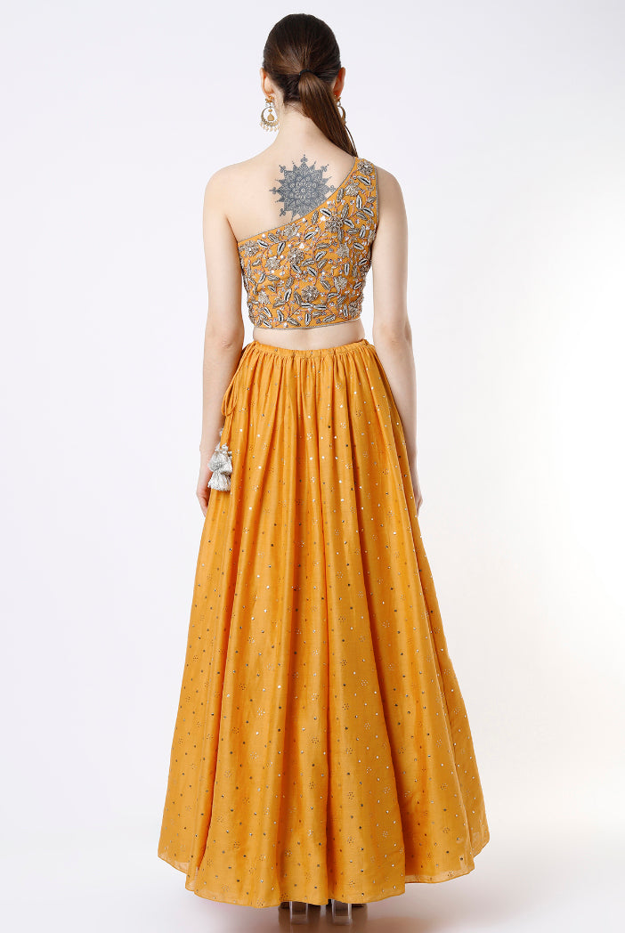 Mustard Embroidered One Shoulder Choli With Mukaish Silkmul Lehenga And Mukaish Georgette Dupatta