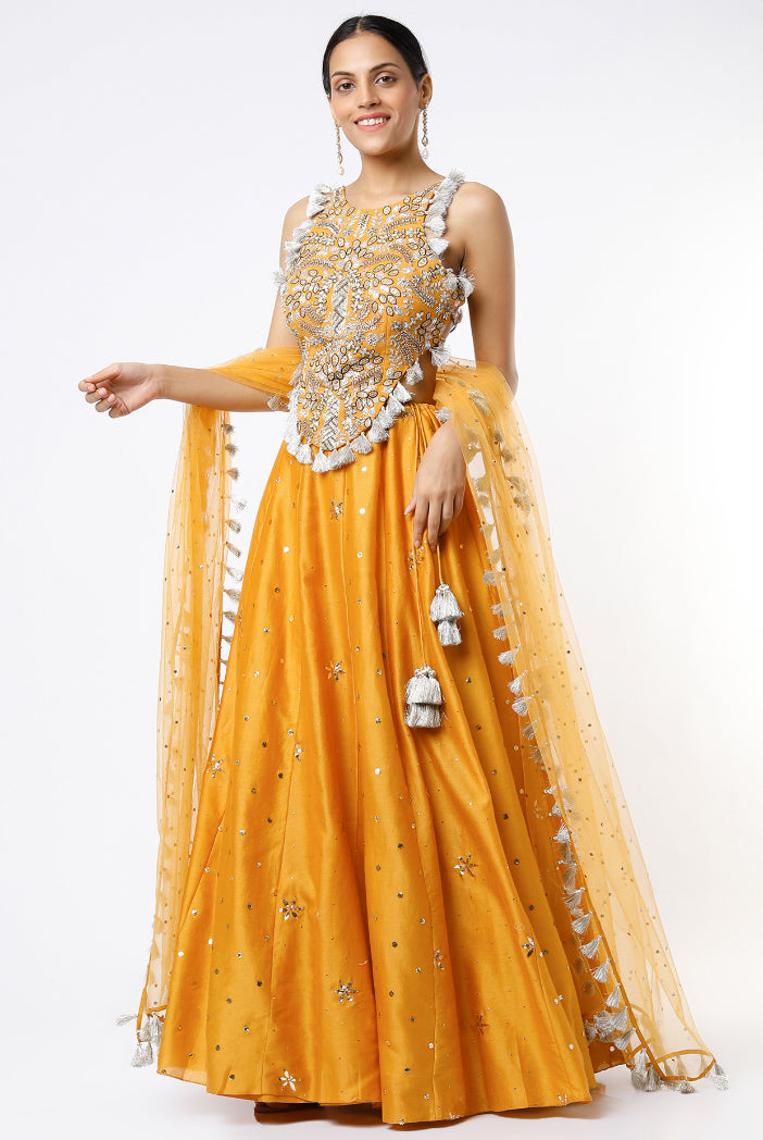 Mustard Georgette Embroidered Choli With Mukaish Silkmul Lehenga And Mukaish Net Dupatta