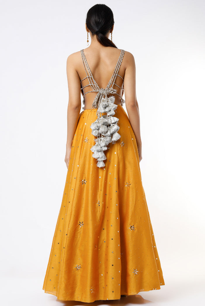 Mustard Georgette Embroidered Choli With Mukaish Silkmul Lehenga And Mukaish Net Dupatta