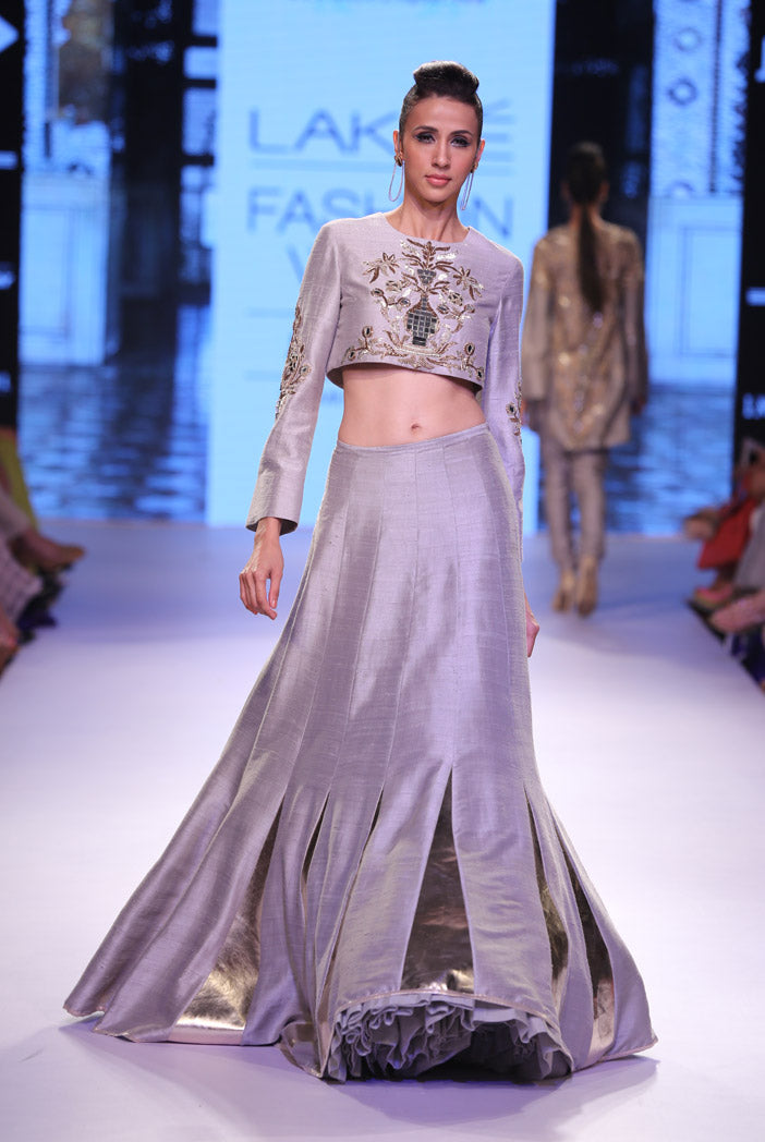 Nafeesa Grey Dupion Silk Crop Top with Panelled Lehenga