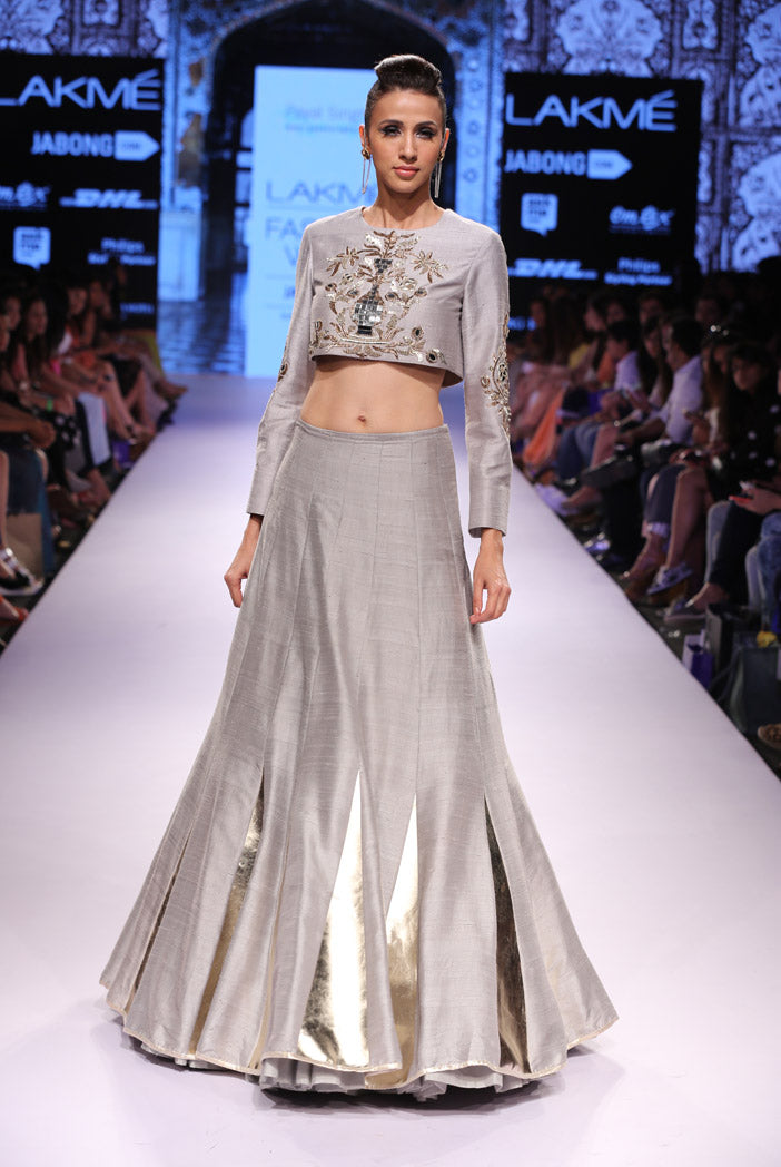 Nafeesa Grey Dupion Silk Crop Top with Panelled Lehenga